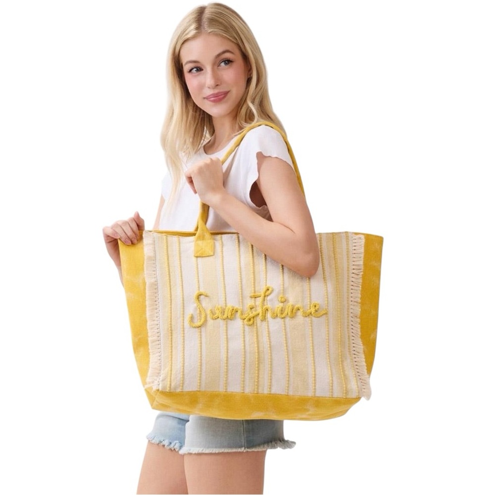Yellow & Cream Sunshine Cursive Rope Fringe Trim 17.5" Tote Beach Pool Gym Bag